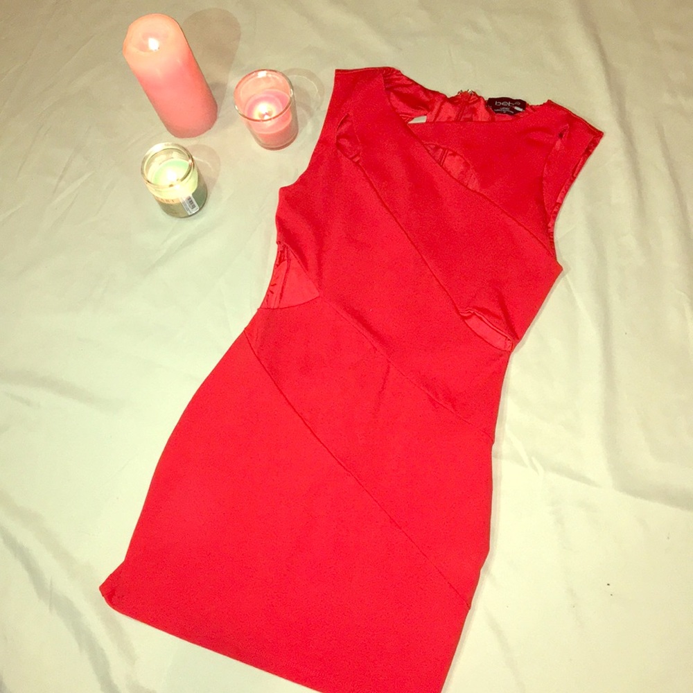 fire red sexy cut sided mini dress- Bebe
